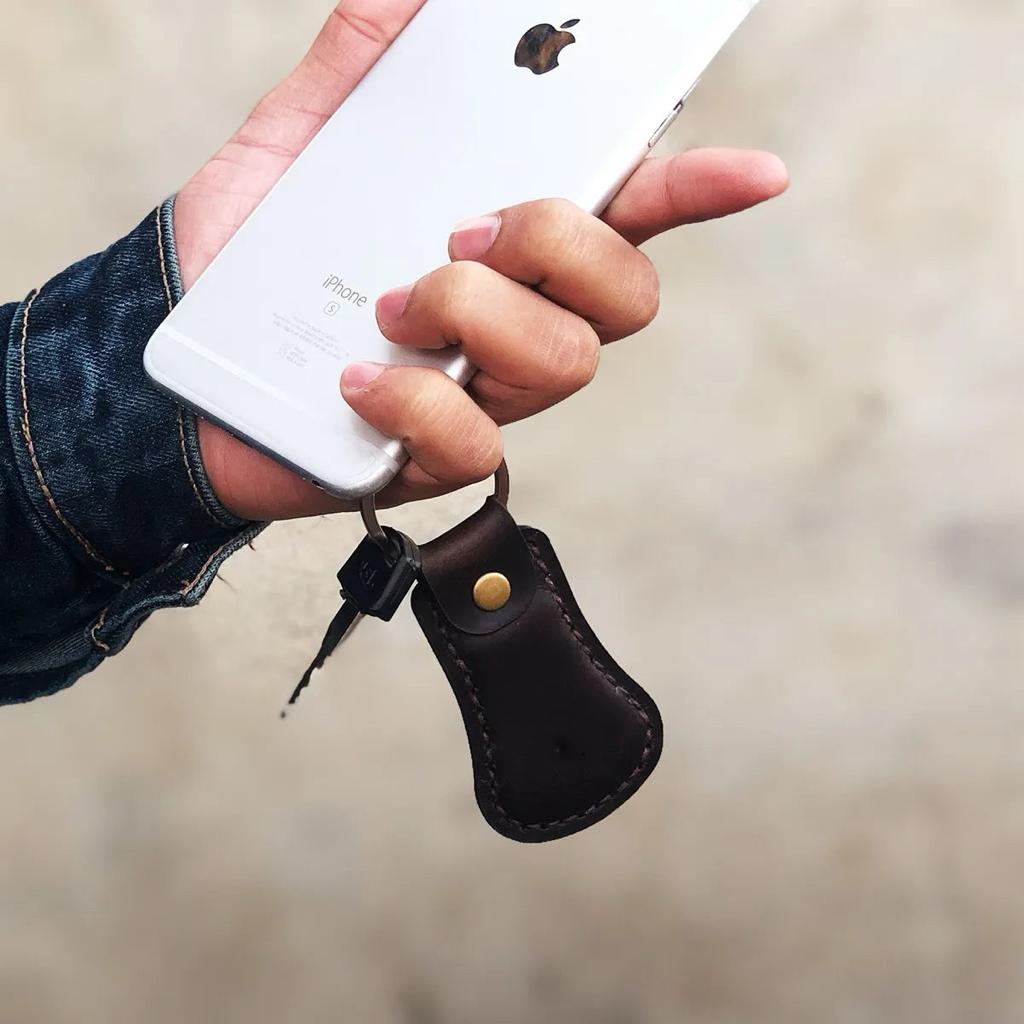 The Bell Shaped: A Hand-Stitch Leather Keychain - Coffee Color