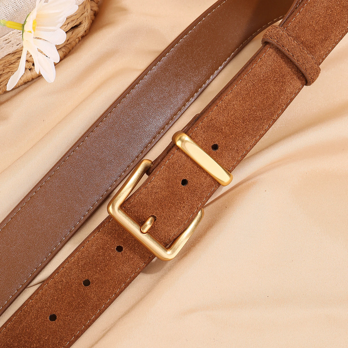Luxury Suede Cowhide Leather Belt for Women, Vintage Style with Gold Buckle, 3.3cm Wide Waistband for Dresses & Jeans