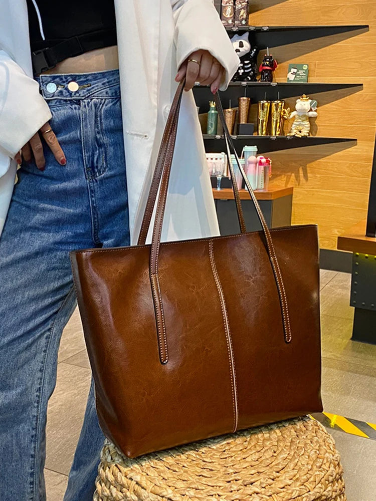 New Coffee Women Handbag 100% Genuine Leather Ladies Shoulder Ladies Black Tote Bag Large Capacity Shopper Bags Brown A4 Bagss