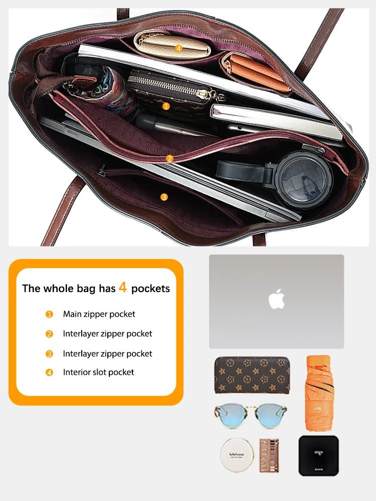 New Coffee Women Handbag 100% Genuine Leather Ladies Shoulder Ladies Black Tote Bag Large Capacity Shopper Bags Brown A4 Bagss