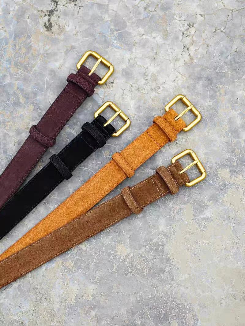 Fashion Suede Cowhide Skinny Belt for Women Trendy Genuine Leather Waistband with Jeans Pants Dress Ladies Designer Thin Belts