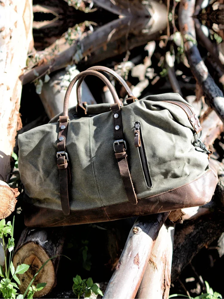 Vintage Waxed Canvas Duffle Bag with Cowhide Leather Trim Large Capacity Men Outdoor Weekend Travel Overnight Luggage Bag