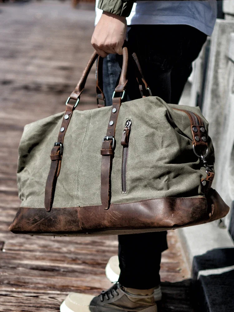 Vintage Waxed Canvas Duffle Bag with Cowhide Leather Trim Large Capacity Men Outdoor Weekend Travel Overnight Luggage Bag
