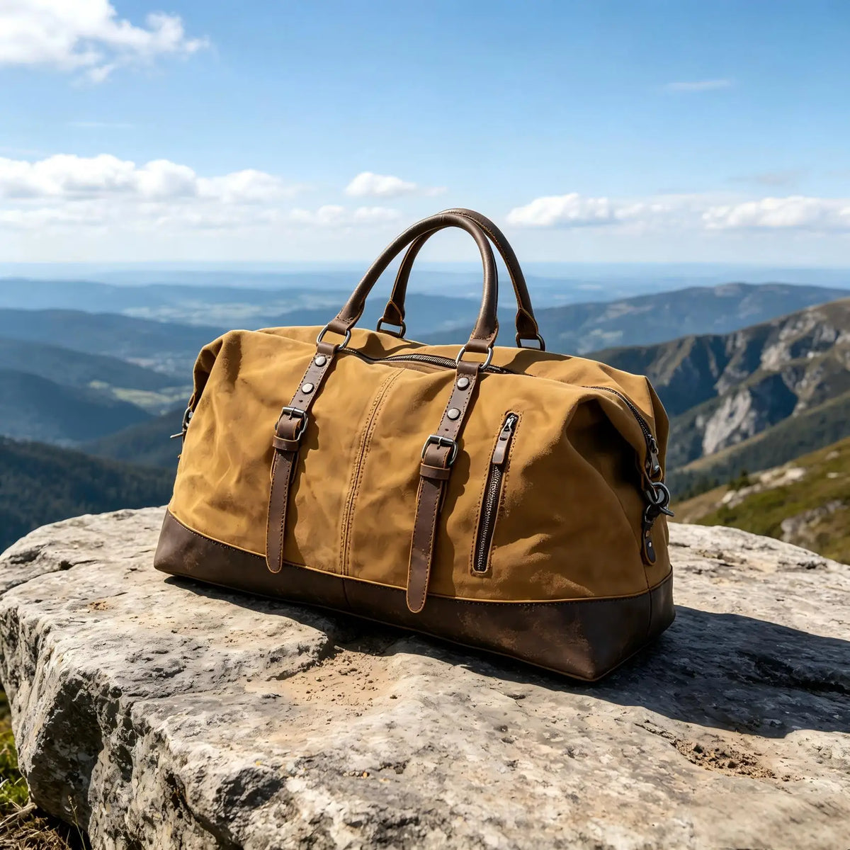 Vintage Waxed Canvas Duffle Bag with Cowhide Leather Trim Large Capacity Men Outdoor Weekend Travel Overnight Luggage Bag