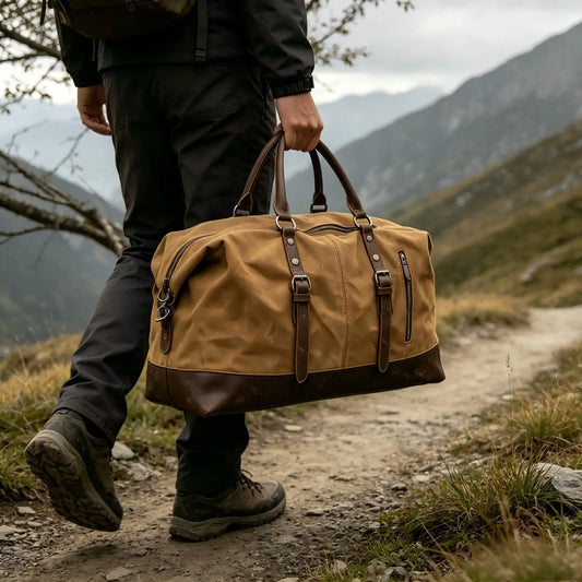 Vintage Waxed Canvas Duffle Bag with Cowhide Leather Trim Large Capacity Men Outdoor Weekend Travel Overnight Luggage Bag