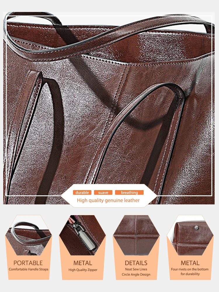 New Coffee Women Handbag 100% Genuine Leather Ladies Shoulder Ladies Black Tote Bag Large Capacity Shopper Bags Brown A4 Bagss