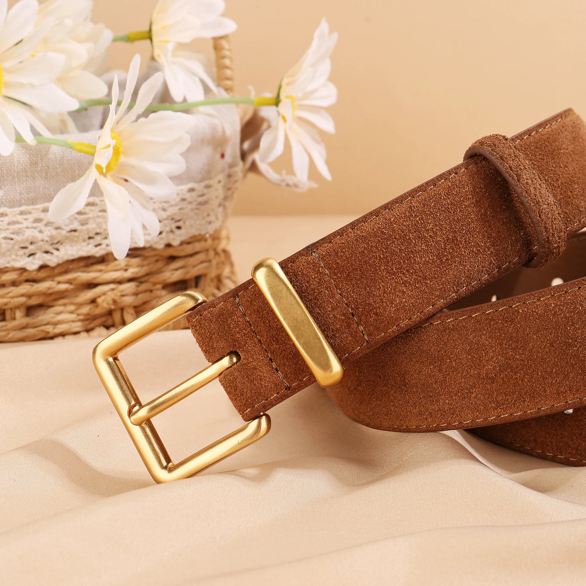 Luxury Suede Cowhide Leather Belt for Women, Vintage Style with Gold Buckle, 3.3cm Wide Waistband for Dresses & Jeans