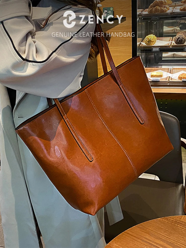 New Coffee Women Handbag 100% Genuine Leather Ladies Shoulder Ladies Black Tote Bag Large Capacity Shopper Bags Brown A4 Bagss