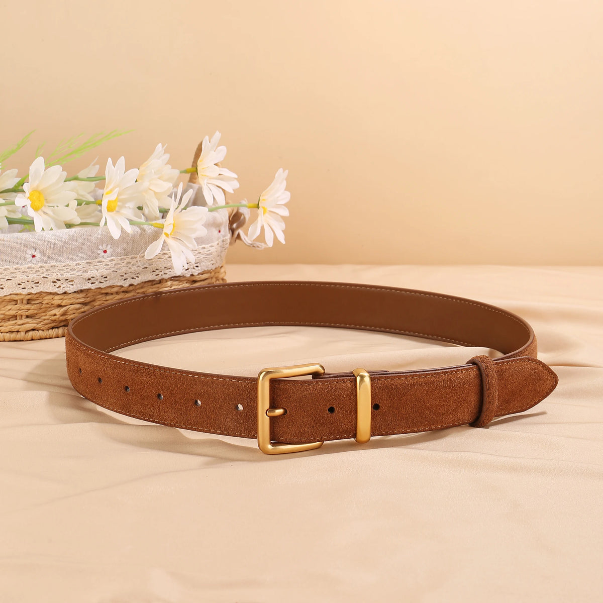 Luxury Suede Cowhide Leather Belt for Women, Vintage Style with Gold Buckle, 3.3cm Wide Waistband for Dresses & Jeans